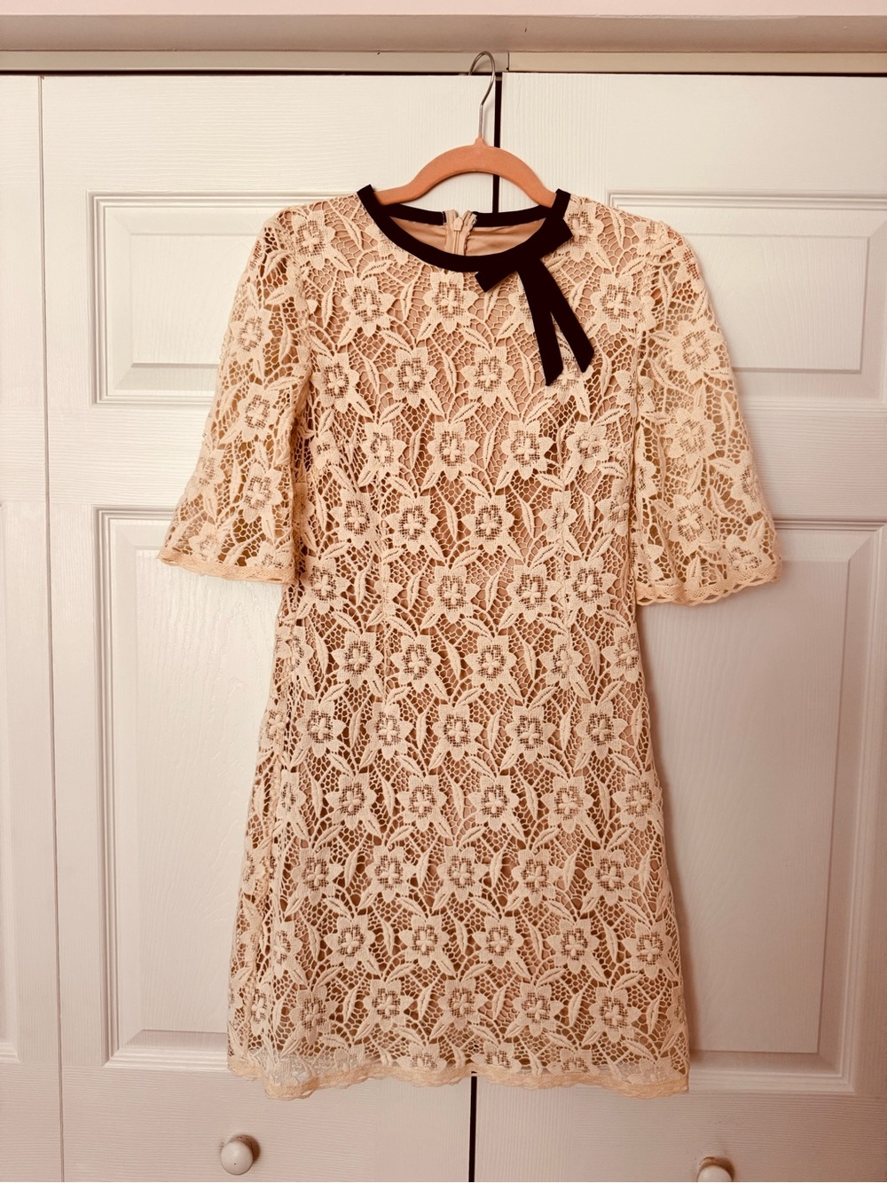 Cream Lace Midi Dress with Black Neck Bow